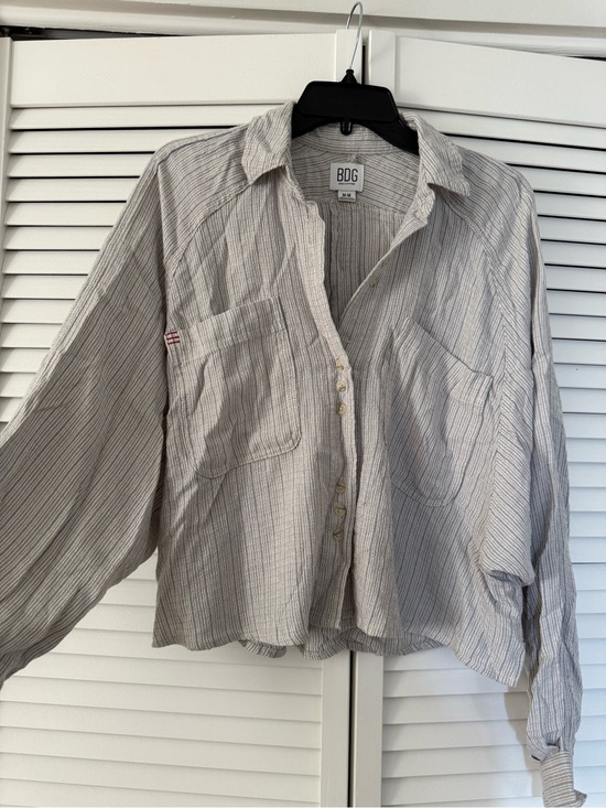 BDG Tops - BDG Striped Button-Up Shirt in Light Gray and Cream